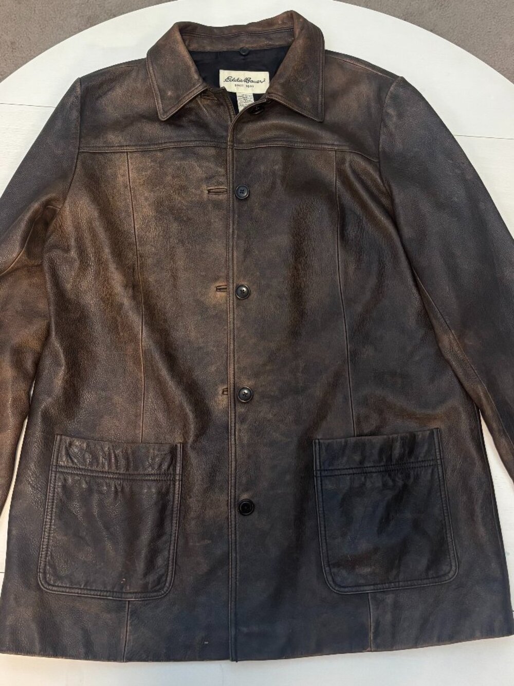 Vintage Eddie Bauer Genuine Leather Car Coat, Brown, XL